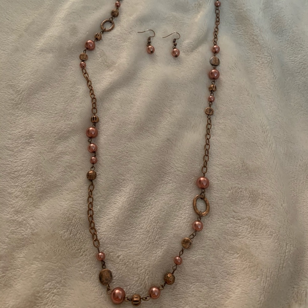 Rose gold pearl and copper necklace with earrings